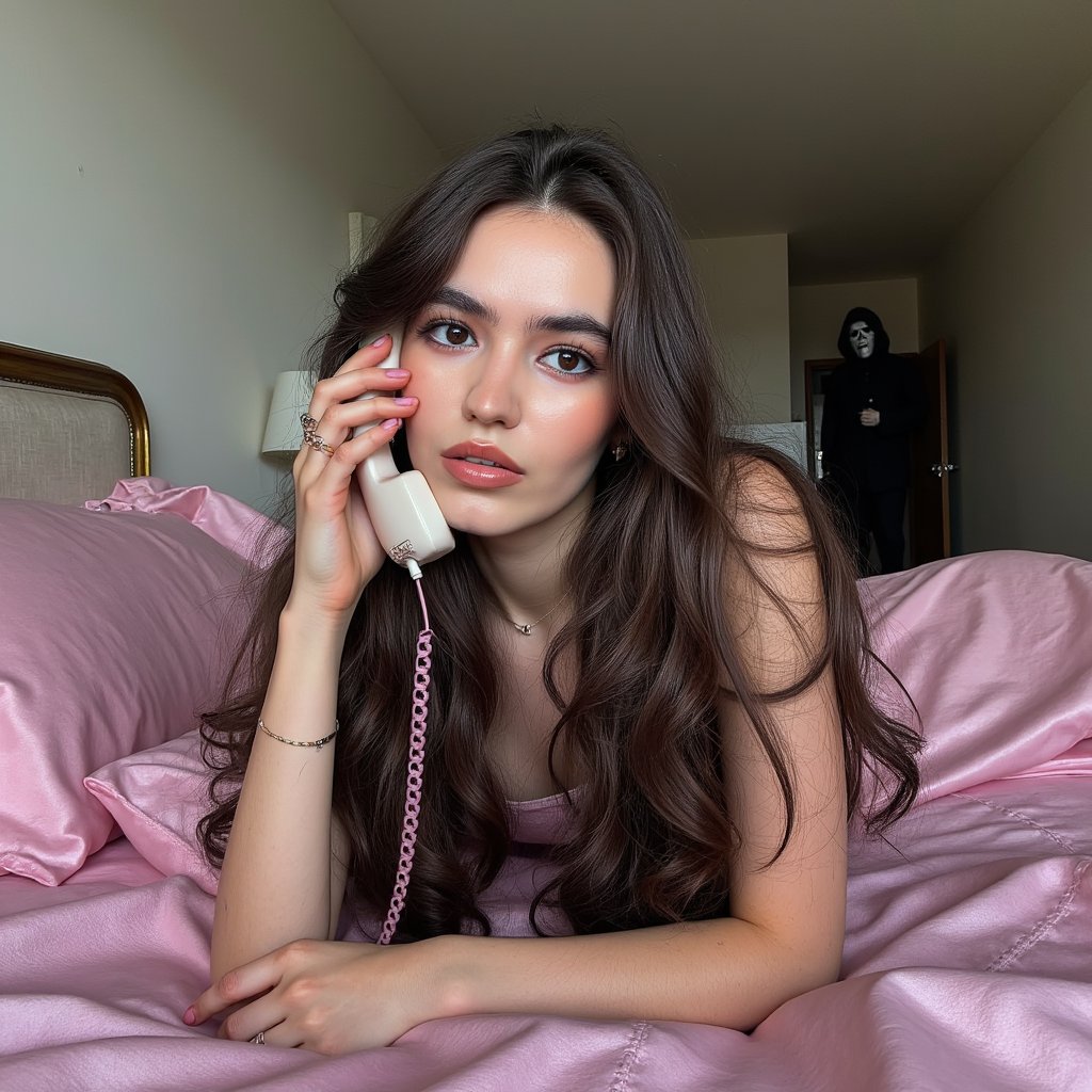 woman laying on shiny pink satin bedding in a dreamy, thoughtful daydreaming pose, her long black hair falling freely in loose curls with pink clips on each side. She wears delicate gold necklaces and chunky gold rings, her makeup simple yet glamorous with brown lip gloss and liner, and she holds a large 90s style chorded phone to her ear. In the dimly lit room, with a soft lamp glow, the Ghostface killer from Scream stands in the background, subtly illuminated in a shadowy doorway of a dark, ominous hallway, watching her. The photo has a grainy 90s aesthetic.