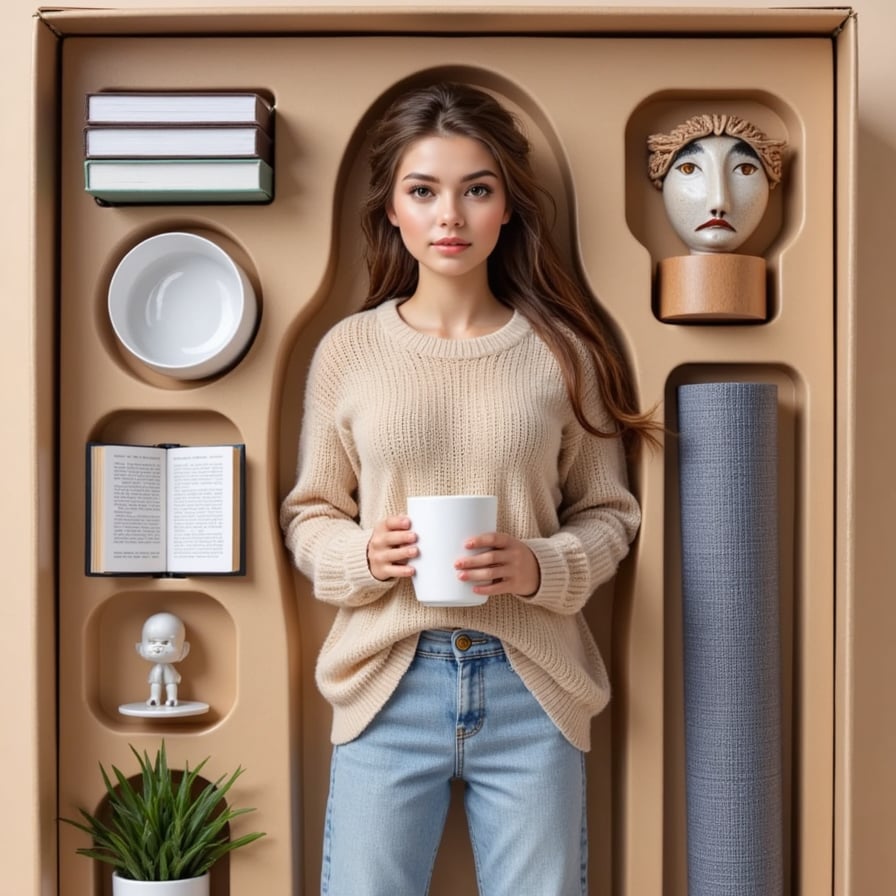 Relaxed woman in oversized sweater, holding a coffee, surrounded by books and a yoga mat, in beige packaging
