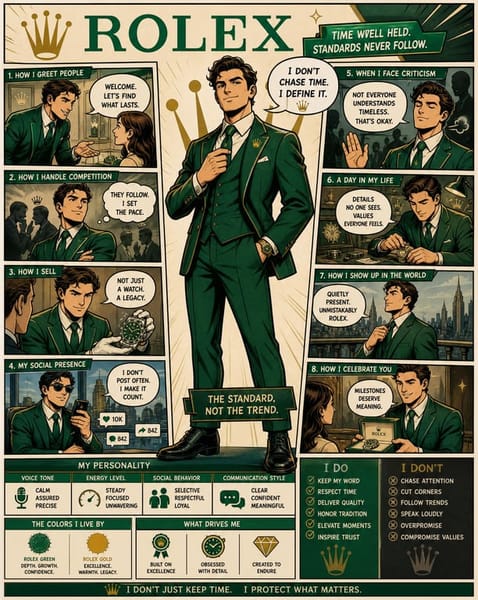 Using the uploaded logo, create a highly detailed, comic-style infographic poster:

“What This Brand Feels Like”

GOAL:
Turn the brand into a living personality and visually explain how it behaves, speaks, and interacts with the world.
This must feel like a mix of:
brand strategy + character design + comic storytelling.

---

CORE RULE:

Everything must come from the logo:
- colors
- style
- tone
- personality

No generic personality traits.

---

MAIN STRUCTURE:

Vertical 4:5 poster  
Dense layout with multiple panels  
Comic + infographic hybrid  

---

TOP SECTION:

- Brand name  
- Short personality statement (max 6 words)  
Example:
“Quiet confidence with sharp edges”

---

MAIN CHARACTER (VERY IMPORTANT):

Create a central character representing the brand:

- humanized version of the brand  
- outfit reflects brand style  
- posture + expression reflect personality  

---

AROUND THE CHARACTER:

Create 6–8 comic panels showing how the brand behaves in different situations.

---

SCENARIO IDEAS:

- Talking to customers  
- Handling competition  
- Selling a product  
- Social media presence  
- Reacting to criticism  
- Daily “brand life” moment  

---

FOR EACH PANEL:

Include:
- short caption (max 6 words)  
- speech bubble or internal thought  
- clear visual action  

---

TONE EXAMPLES:

Luxury brand:
calm, confident, minimal speech  

Playful brand:
loud, chaotic, expressive  

Tech brand:
precise, logical, clean  

---

PERSONALITY TRAITS SECTION:

Add small labeled blocks:

- Voice tone (e.g. calm, bold, playful)  
- Energy level (low / medium / high)  
- Social behavior (introvert / extrovert)  
- Communication style  

Use:
- icons  
- short labels  

---

DO / DON’T SECTION:

Add a split block:

DO:
- how the brand should act  

DON’T:
- what breaks the identity  

Keep:
- very short phrases  

---

VISUAL ELEMENTS:

- speech bubbles  
- icons  
- arrows  
- small reactions  
- exaggerated comic expressions  

---

STYLE:

- comic + editorial hybrid  
- slightly exaggerated but still premium  
- expressive but not childish  

---

COLOR:

- strictly based on logo palette  
- use color to reinforce personality  

---

DEPTH:

- 20–40 visual elements  
- multiple small panels  
- layered composition  

---

IMPORTANT RULES:

- must feel alive  
- must feel specific  
- no generic marketing words  
- no empty areas  
- keep text short but impactful  

---

FINAL FEEL:

Like:
- a brand strategy turned into a character  
- a visual storytelling board  
- something people save and study  

NOT:
- flat  
- generic  
- minimal