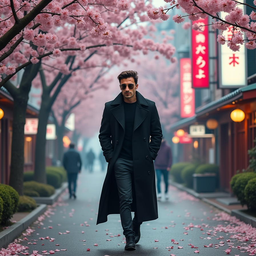 A stylish man in a black trench coat and sunglasses walks through a bustling cit