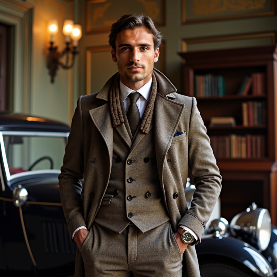 man standing in front of a classic car or a vintage mansion. He is dressed in a trench coat or tailored jacket with a scarf, evoking a sense of timeless elegance. His expression is confident, and the lighting is warm and reminiscent of a bygone era