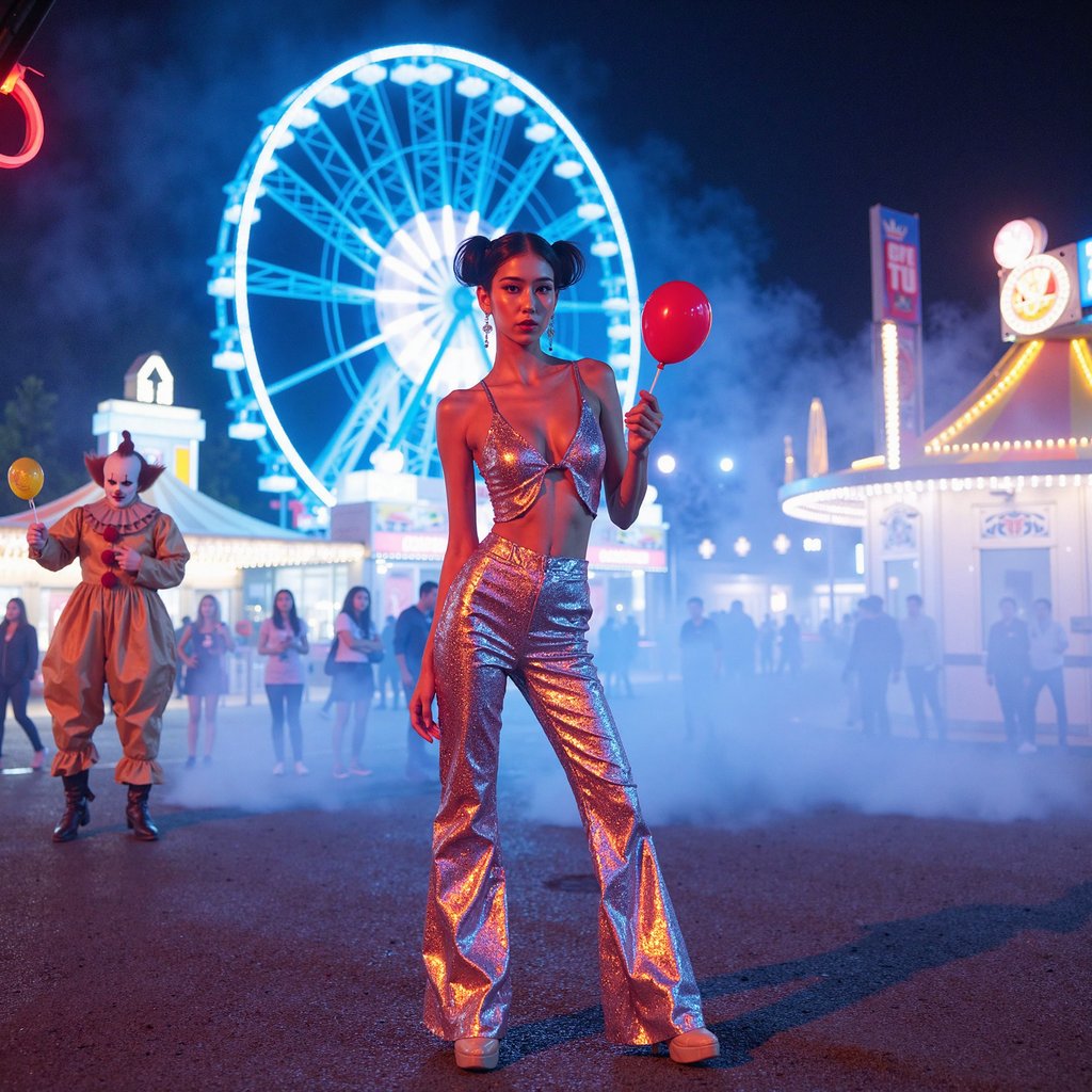 A young woman walks across a carnival ground at night, framed by neon-lit rides and a blurry Ferris wheel in the distance. She wears glittery flare pants with a sequined halter top, paired with metallic heels and silver hoop earrings. Her hair is crimped with a middle part, makeup shimmering with bold eyeliner and frosted pink lipstick. She holds a candy apple in one hand. The photo is styled with a grainy 90s disposable camera look. At the edge of the midway lights, Pennywise the clown stands partially visible, holding a single red balloon.