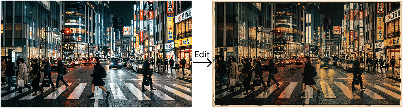Transform this photo of a modern city street into a 1970s pulp-noir illustration