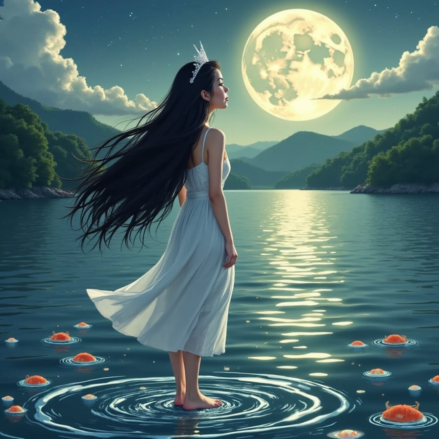 A woman with flowing black hair and a delicate silver crown, standing by a shimmering lake under the full moon. The water reflects glowing fish that dance around her feet, as she hums an ancient melody to the night.