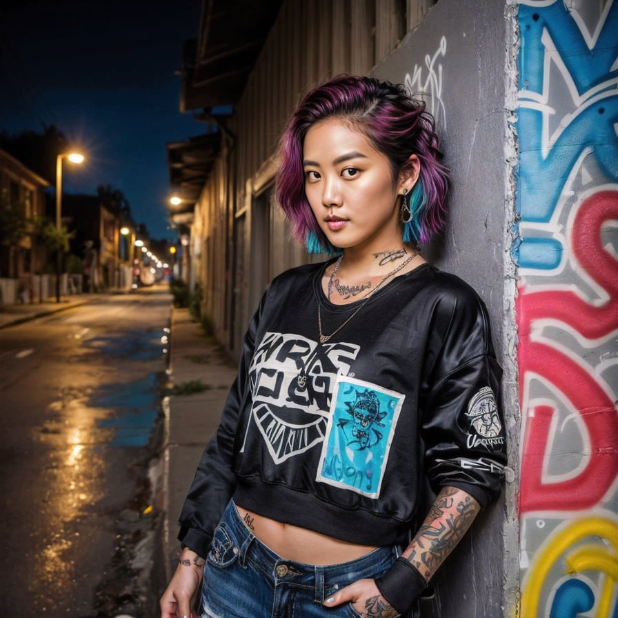 Punk style woman, graffiti alley, intricate details, noir vibe.