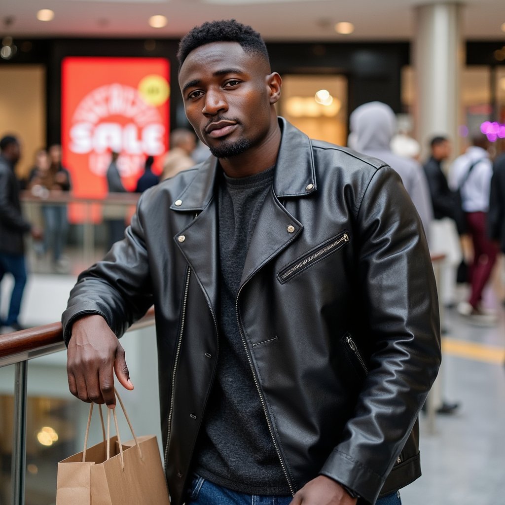 A confident man (male) waist-up, resting one forearm on a brushed-steel railing, two matte paper shopping bags dangling loosely from the other hand. Hairstyle: textured quiff; grooming: short stubble beard. Attire: black lambskin biker jacket with fine pebble grain over a charcoal ribbed henley, dark rinse denim visible at the waist; simple black silicone watch. Pose: relaxed three-quarter turn toward camera, shoulders squared, eyes engaged; still. Camera: 50mm, f/2, slight above-waist crop. Lighting: soft skylight key from above with bounced fill; subtle edge from storefront LEDs behind. Background: blurred escalator with SALE banners, grey terrazzo floor bokeh; minimal passerby clutter. Texture detail: jacket stitching, rib knit pattern, bag fiber. Highly detailed, highly realistic, HDR, high resolution.
