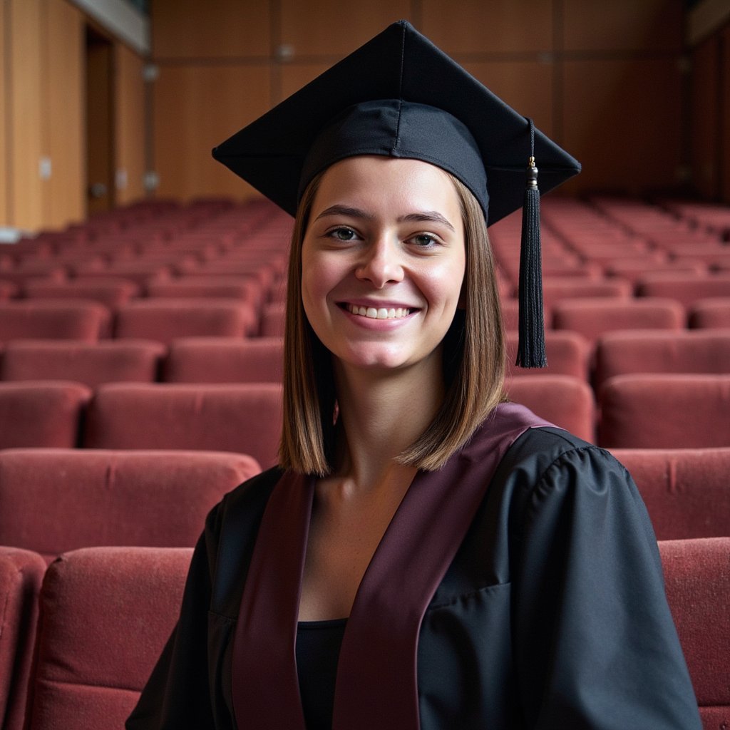 Head-and-shoulders portrait of a woman graduate seated among rows of empty velvet auditorium chairs, turned slightly toward the aisle; wearing a black gown with maroon hood, mortarboard tassel hanging near her cheek; long straight hair tucked neatly behind one ear, calm confident gaze; camera at slight diagonal from aisle level, 70 mm lens, f/1.8; lighting: soft tungsten key light overhead mixed with mild daylight spill from side curtain; background chairs softly patterned blur; visible textures of velvet seat, gown weave, silk hood trim; balanced warm-cool tonality, highly detailed, highly realistic, HDR portrait look.