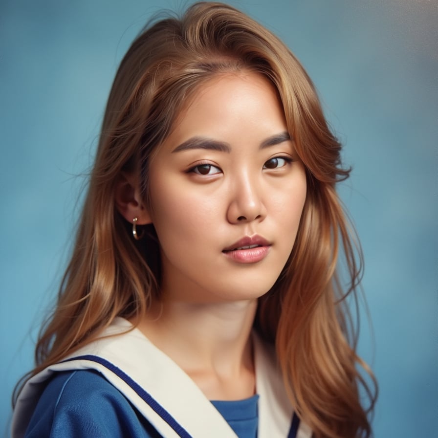 School dress, blue background, 1990s style, warm lighting.