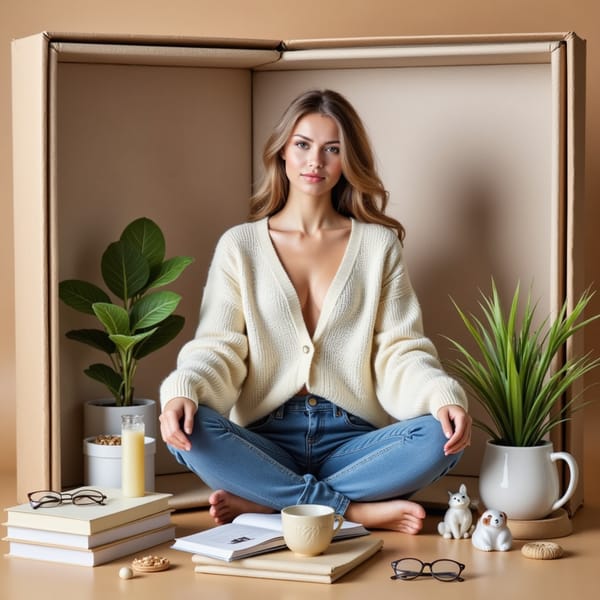 Woman sitting cross-legged in the box, cozy cardigan, surrounded by plants, books, glasses, tea mug