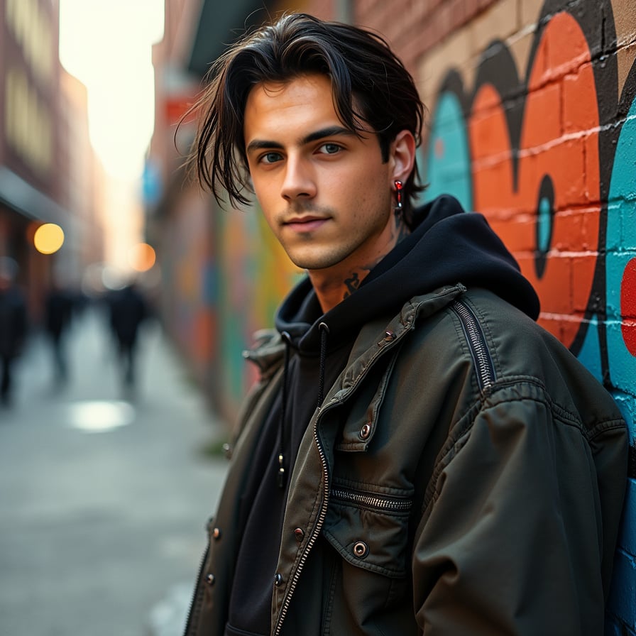 man with a stylish, trendy street style outfit, well-groomed, perfectly combed hair, posing confidently on a bustling city street with a urban backdrop, warm natural light.
