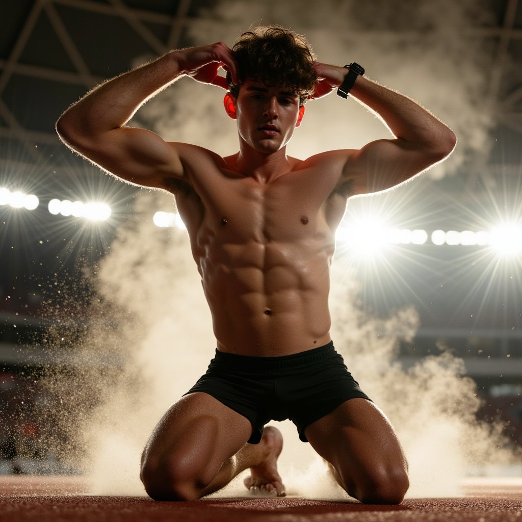 Knee-up portrait of a high jumper mid-celebration after a successful jump, arms raised, dust rising around feet, bright stadium lights in back
