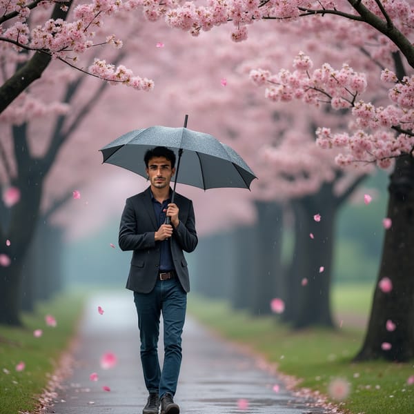 A man with an umbrella walks along a quiet park path lined with cherry blossoms in the gentle rain. The wet ground reflects the pink petals, creating a dreamy, romantic scene.