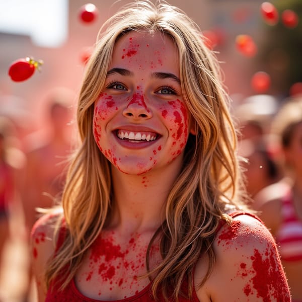 Candid headshot of a young festival-goer surrounded by flying tomato pieces, red juice mist in the air, wet hair slicked back, captured mid-chaos