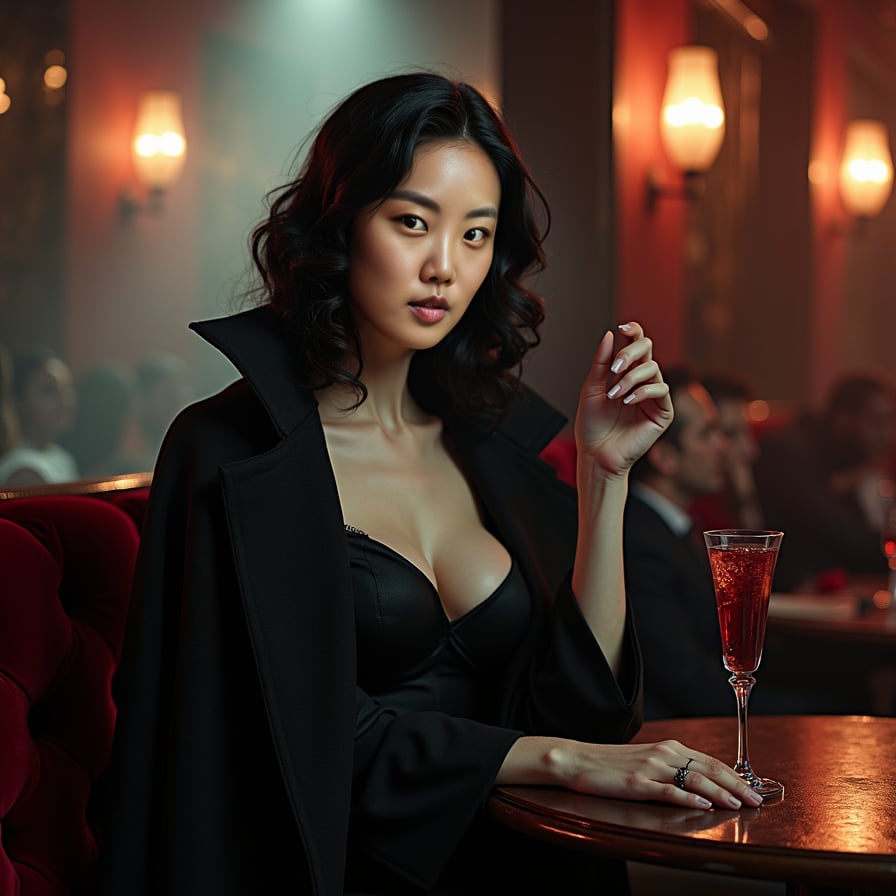 Depict a sophisticated vampire woman sitting at a dimly lit table in a classic jazz club. She has pale skin, deep red lipstick, and is dressed in a sleek, elegant black dress. The club is filled with a warm, smoky atmosphere, and soft jazz music plays in the background. Her expression is alluring and calm, with just a hint of menace. She holds a glass filled with dark red liquid, which she swirls slowly as if in thought, blending in with the late-night crowd