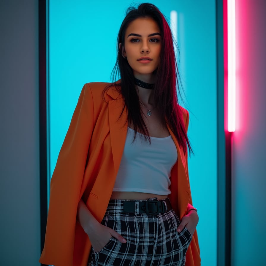 Urban Chic: The model is positioned against a backdrop of a sleek, modern cityscape at dusk. Dressed in a trendy, high-fashion outfit, she gazes directly into the camera, embodying a sense of sophistication and contemporary style. Neon lights subtly illuminate her face, enhancing the glamour.