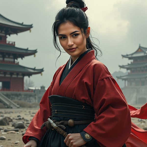 woman in traditional samurai attire, consisting of a hakama and kimono, with a bold, determined expression, sans helmet, posed in a powerful stance, surrounded by a misty, atmospheric background with subtle hints of Japanese architecture.