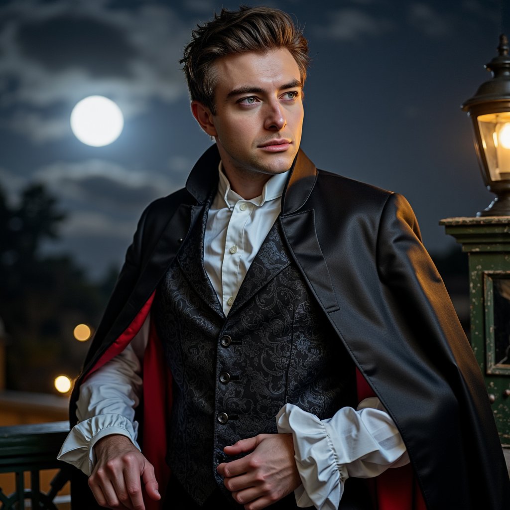 Mid-shot from a slightly low camera angle (50 mm, f/2, ISO 320, 1/160 s), framed so the horizon is below his shoulder line. The main key light is cold moonlight striking from the front-right at a 45° elevation, creating a sharp highlight along the cheekbone and casting a shadow from his nose diagonally toward his ear. A small practical lantern behind him acts as a rim light, catching the edges of his satin cape and illuminating the crimson lining. Slicked-back dark hair reflects the cool key light, while pale powdered skin reveals faint veins at the temple. He wears a black brocade waistcoat with a baroque floral pattern and a stiff pleated cotton shirt. Hand rests naturally on an iron balcony rail, the oxidized green patina rendered sharply thanks to the mid-depth of field — his torso and the railing are in focus, but the full moon and treetop mist behind are softly blurred. Highly detailed, highly realistic, HDR.
