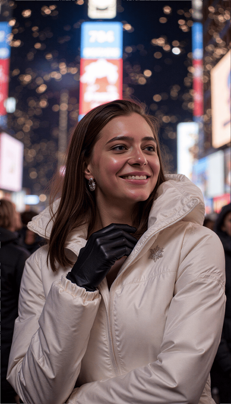woman wearing a chic, insulated white puffer jacket with a subtly shimmering fin