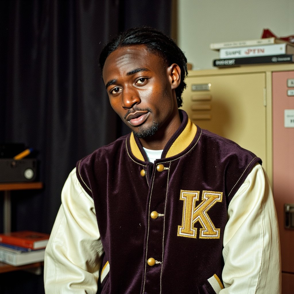Hyper-detailed 1960s yearbook image of a drama club student mid-performance, shot from a low angle with a 35mm lens for theatrical emphasis. Subject wears a handmade Renaissance-style stage costume in heavy velvet with ornate gold trim, stitches and slight uneven seams visible on close inspection. The fabric catches warm tungsten stage light, producing deep shadows in the folds. His hair is slicked back but slightly disheveled from movement. Skin has a faint sheen from perspiration under the stage lights, highlighting cheekbones and temples. He’s mid-monologue, mouth slightly open, brows furrowed with expressive lines across the forehead. Background is fully darkened stage curtains, with only a faint edge light outlining his silhouette. Dust particles catch in the stage beam for added atmosphere.