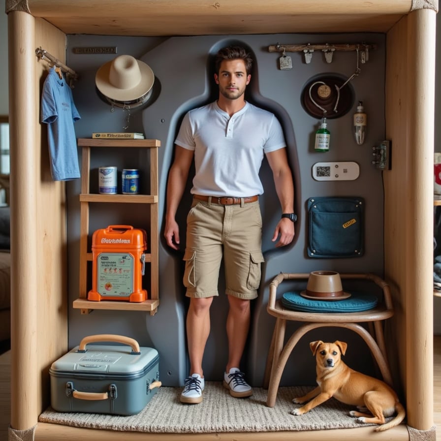 Man in cargo shorts holding a fishing rod, surrounded by camping gear, dog figure, and cooler box
