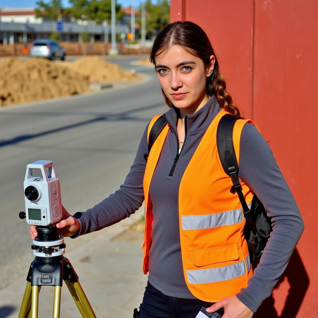 Highly detailed, highly realistic HDR image of a woman civil engineer in a high-vis vest over a slate-gray soft-shell jacket, helmet strapped, durable cargo pants visible; hair in tight braid. Camera: 85mm lens, f/2.8, ISO 200, waist-up, slightly low angle for authority. Lighting: late-afternoon sun as warm key from left, silver reflector fill on right; long cast shadow behind. Pose: standing beside tripod-mounted surveying theodolite, clipboard under left arm, steady determined gaze past camera. Background: softly blurred construction site earthworks and roadway, minimal clutter.