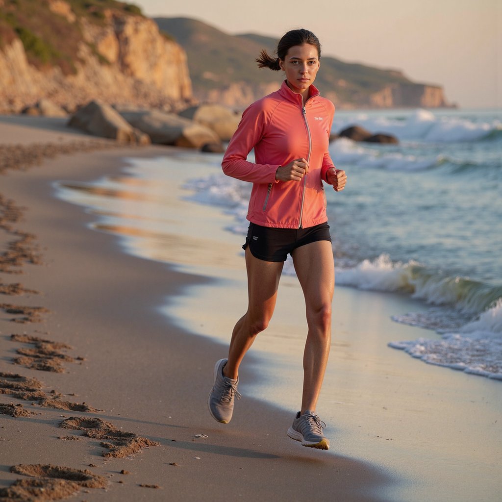 Woman sprinting along compact sand near the shoreline at golden hour; braided ponytail swept back, determined gaze; lightweight coral windbreaker (matte ripstop micro-creases), black compression shorts, knit mesh running shoes; side-on composition at hip height, 85mm, f/2.8, 1/1600, ISO 200 to freeze stride; warm backlight from low sun creating rim along arms and calves, sky fill cooling shadows; background: gentle waves and horizon rendered with soft blur, minimal clutter; visible details: zipper pulls, reflective piping, shoe tread sandy dusting, fine facial pores; highly detailed, highly realistic, HDR