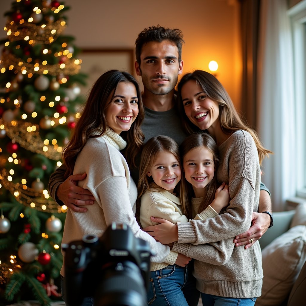 man surrounded by loving family members, smiling and embracing each other, wearing casual yet stylish outfits, standing in a warm and cozy living room with natural lighting, with a camera in the foreground, capturing the heartwarming and intimate moment of family togetherness.