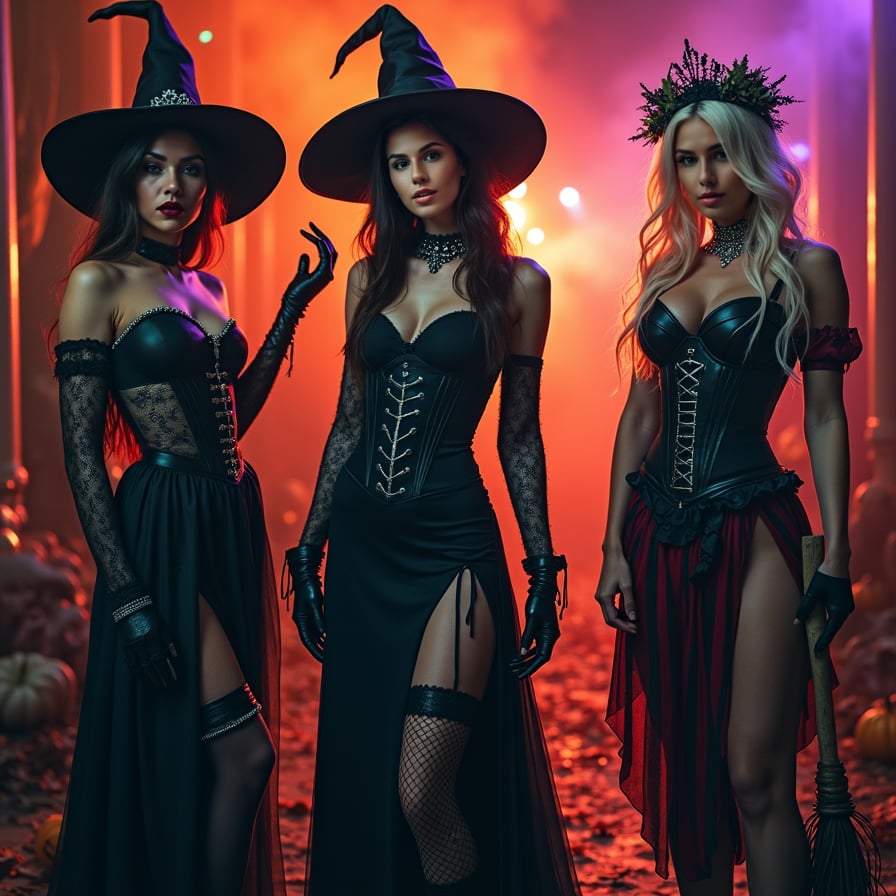 Here are some Stable Diffusion prompts for a woman wearing different Halloween outfits:

* Woman in a Gothic Victorian-inspired Halloween costume, with a long black dress, lace gloves, and a intricate headpiece, standing in a dimly lit, mysterious background with cobwebs and old candles
* Woman dressed as a seductive Vampire, wearing a blood-red corset, fishnet stockings, and a sparkling choker, posing in a dark, eerie setting with fake blood and fangs
* Woman in a sleek and modern Witch's costume, with a black pointed hat, a fitted black dress, and a broomstick accessory, standing in a contemporary background with neon lights and cityscape
* Woman dressed as a Zombie Cheerleader, wearing a torn and tattered cheerleader outfit, with fake blood and wounds, posing in a creepy, abandoned high school setting
* Woman in a Steampunk-inspired Halloween costume, with a intricate top hat, a leather corset, and goggles, standing in a industrial, steam-powered background with clockwork machinery
* Woman dressed as a Greek Goddess, wearing a flowing white toga, laurel wreath, and carrying a torch, posing in a classical, ancient Greek-inspired setting with columns and statues
* Woman in a Retro Pin-up Girl-inspired Halloween costume, with a red and black striped dress, a curly wig, and vintage-style makeup, posing in a colorful, nostalgic background with old-fashioned phones and cameras
* Woman dressed as a Creepy Doll, wearing a porcelain-inspired mask, a floral dress, and a wig, posing in a creepy, abandoned dollhouse setting with old toys and broken furniture
* Woman in a Gothic Fairy-inspired Halloween costume, with a flowing black dress, wings, and a crown, standing in a dark, mystical forest setting with twinkling lights and mist
* Woman dressed as a Mad Scientist, wearing a lab coat, goggles, and a crazy hairdo, posing in a laboratory setting with beakers, test tubes, and electrical equipment.