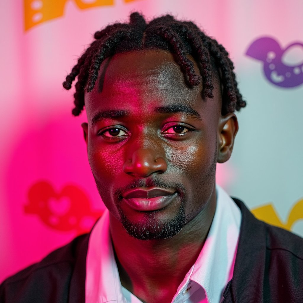 man in a vibrant, expressive look, styled with a bold pop-inspired aesthetic. The scene is infused with vivid pink tones, soft neon lighting, and nostalgic retro elements. His appearance is relaxed yet confident, channeling the mood of creative freedom and emotional uplift. The background features soft textures and playful graphic accents. Hyper-detailed, saturated colors, smooth lighting gradients, retro-modern vibe