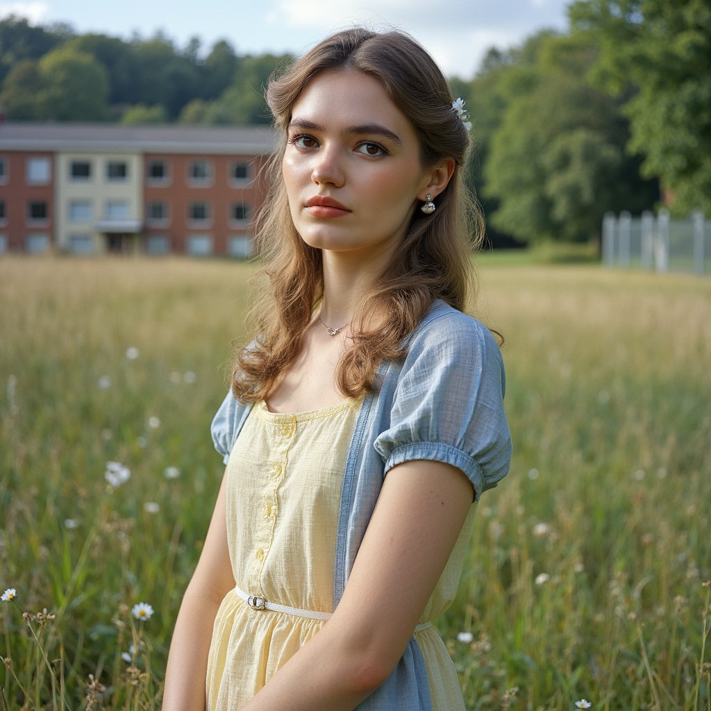 Ultra-realistic 1960s senior girl portrait taken outdoors in a meadow near the school, framed from the waist up with a 55mm lens at f/2 for creamy bokeh. She wears a pastel yellow A-line dress in lightweight cotton, the weave faintly visible, with a thin white belt cinching the waist. A lightweight cardigan in pale sky-blue is draped loosely over her shoulders. Her blonde hair is styled in a half-up twist with curled ends, a small white daisy tucked into one side. Her expression is serene, lips softly parted, gaze lowered toward the ground as if lost in thought. Sunlight filters through tall grass, casting delicate shadows along her dress and forearms. Background is a warm blur of wildflowers and school fencing far in the distance, barely perceptible.