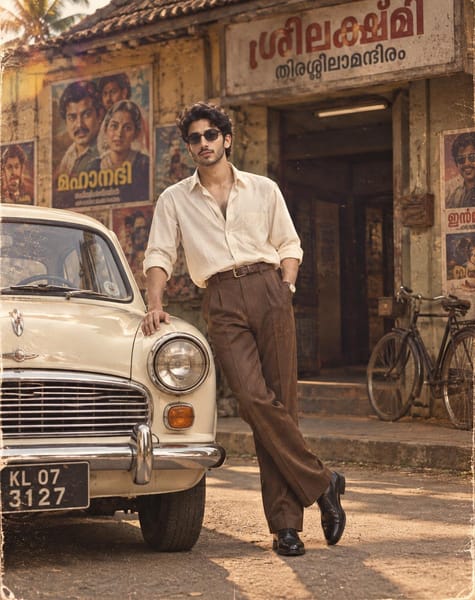 A stylish young man with curly hair, a thick moustache and light beard, wearing black sunglasses, standing casually and leaning against the front of a vintage cream-colored classic car. He is looking directly toward the camera with a confident, calm expression. One hand rests casually on the car while the other is tucked into his trouser pocket, with one leg crossed over the other in a relaxed pose.
He is wearing a slightly oversized off-white/cream button-down shirt with the top buttons open and slevees rolled up to the elbows, paired with high-waisted brown vintage trousers, a dark brown leather belt, and polished black formal shoes. A classic wristwatch is visible on his wrist.
The setting is an old-fashioned street to building entrance in Kerala, India, with Malayalam signage, vintage movie posters on the walls, a parked bicycle, and the classic car in the foreground. The environment has an authentic 1980s/ 1990s Indian cinema aesthetic.
Warm natural sunlight, mutted exeerly tones, vintage faded color palette, authentic film grain, subtle dust and scratches, aged photograph texture, nostalgic retro atmosphere, cinematic lighting, realistic shadows, shalllow depth of field, slightly low camera angle, full-body compotiction, highly detailed, ultra-realistic, photorealistic, vintage Indian cinema photography, 35mm film look, editorial portrait photography, natural skin texture, realistic proportions, authentic retro styling.