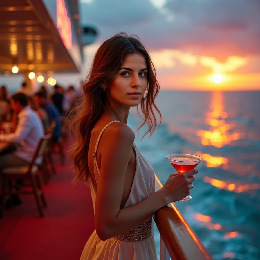 Casino Night: The model is in the ship’s casino, dressed in glamorous evening wear. She’s playing a game at the casino table or mingling with other guests, with the vibrant, sophisticated atmosphere of the casino adding to the scene.