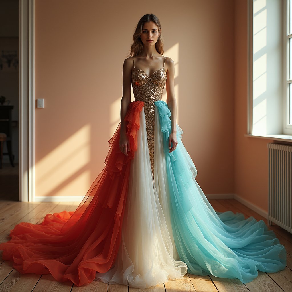 Stunning woman, multi-colored gown, plain wall, professional shot.