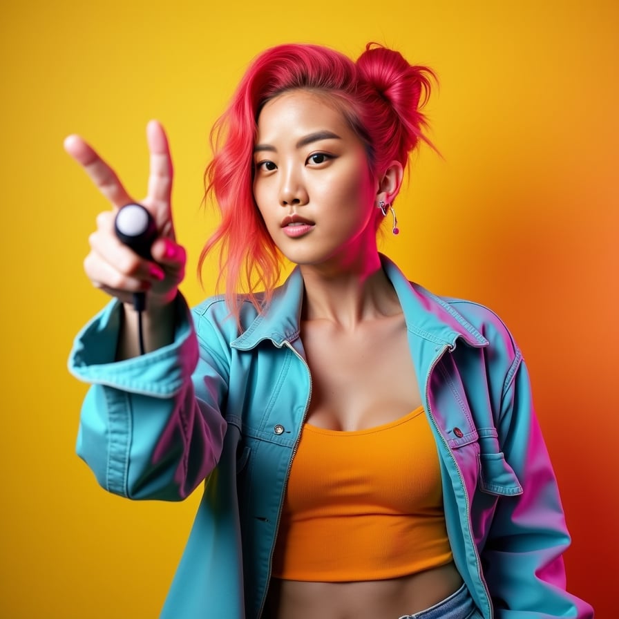 Create a thumbnail headshot of a woman with a friendly, enthusiastic expression. She is styled in modern, colorful clothing, set against a bold, patterned background. The composition should leave space for bold text, making it suitable for cross-platform promotion
