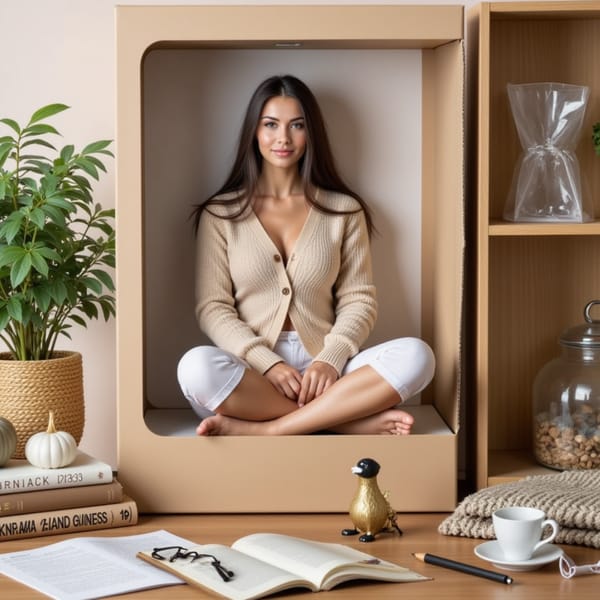 Woman sitting cross-legged in the box, cozy cardigan, surrounded by plants, books, glasses, tea mug
