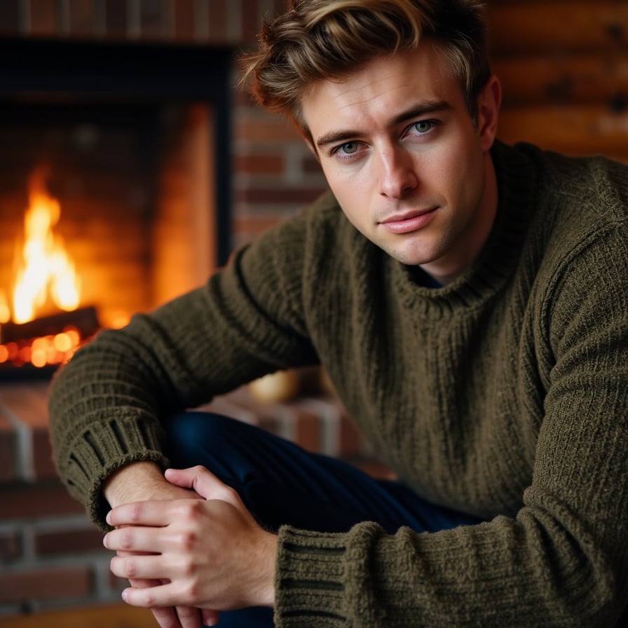Hyperrealistic, highly detailed, HDR waist-up portrait of a man (male, ~35 yrs) sitting near a glowing fireplace in a dimly lit cabin interior. Camera slightly above eye level (~10° down). He wears a dark olive knit sweater with thick ribbed cuffs and visible wool fibers, sleeves loosely folded at wrists. His elbows rest lightly on knees, hands loosely clasped. Firelight reflects softly in his eyes, adding amber glow to facial contours. Background blurred but warm — faint flicker of flames and texture of brick hearth. Visible details: skin pores, faint stubble, sweater fibers, reflected light gradients on face. The mood: introspective Thanksgiving evening. HDR, high resolution, high quality, highly detailed, photorealistic.