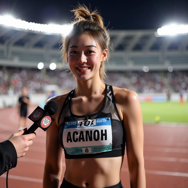 Headshot of a smiling athlete being interviewed trackside, race bib still pinned, hair messy from race, handheld mic visible — post-event celebration moment