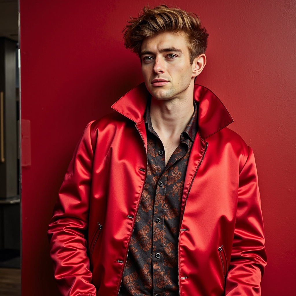 man wearing a vibrant red satin bomber jacket featuring an exaggerated, sculptur