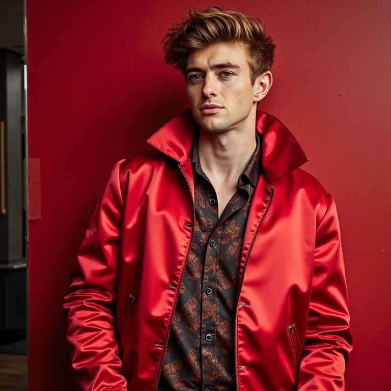 man wearing a vibrant red satin bomber jacket featuring an exaggerated, sculptur