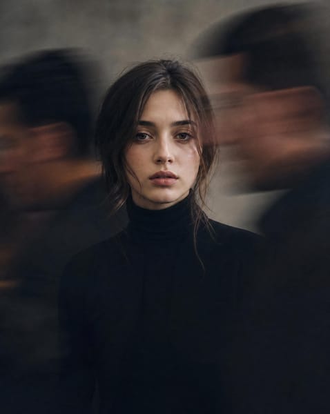 Ultra-realistic cinematic portrait of a young woman standing still while people move quickly around her, creating strong motion blur on both sides. She looks directly at the camera with a calm, slightly melancholic expression. Pale natural skin, soft minimal makeup, loose dark brown hair framing her face. Wearing a sleek black turtleneck outfit with a minimalist aesthetic. The subject is perfectly sharp while the surrounding figures are blurred in motion, creating a sense of isolation in a busy environment. Soft diffused studio lighting, muted grey background, shallow depth of field, dreamy atmosphere, editorial fashion photography, 85mm lens, f1.4, soft film grain, high detail, cinematic composition
