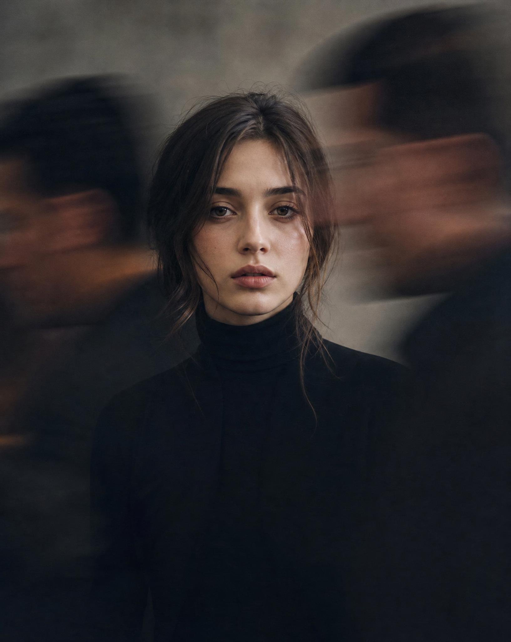 Ultra-realistic cinematic portrait of a young woman standing still while people move quickly around her, creating strong motion blur on both sides. She looks directly at the camera with a calm, slightly melancholic expression. Pale natural skin, soft minimal makeup, loose dark brown hair framing her face. Wearing a sleek black turtleneck outfit with a minimalist aesthetic. The subject is perfectly sharp while the surrounding figures are blurred in motion, creating a sense of isolation in a busy environment. Soft diffused studio lighting, muted grey background, shallow depth of field, dreamy atmosphere, editorial fashion photography, 85mm lens, f1.4, soft film grain, high detail, cinematic composition