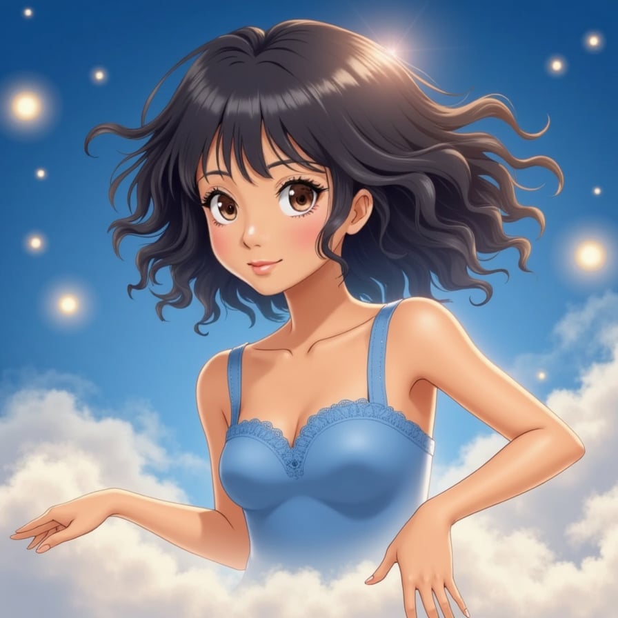 girl in a blue dress, with a gentle, serene expression, floating in mid-air, surrounded by soft, glowing orbs of light and wispy, feathery clouds, against a dreamy, sky blue background, with a subtle, gradient effect to convey a sense of weightlessness and ethereal beauty.