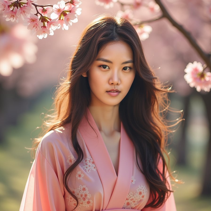 A young woman in a flowing pink kimono stands beneath a canopy of cherry blossoms, her long hair swaying in the gentle breeze. Soft sunlight filters through the petals, casting a dreamy glow on her face.