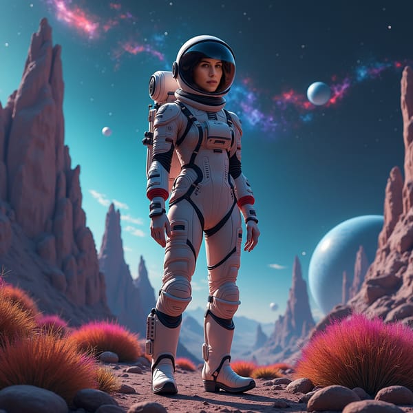 A woman stands in an alien landscape, facing the camera with a serene yet determined expression. She wears a sleek, advanced space suit, and behind her, exotic alien plants and glowing rocks dot the ground. The sky above is filled with planets, colorful nebulae, and distant stars, adding a mystical touch