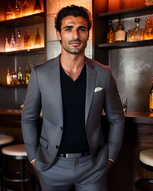 Handsome man in dark bar, seductive smile, party atmosphere.