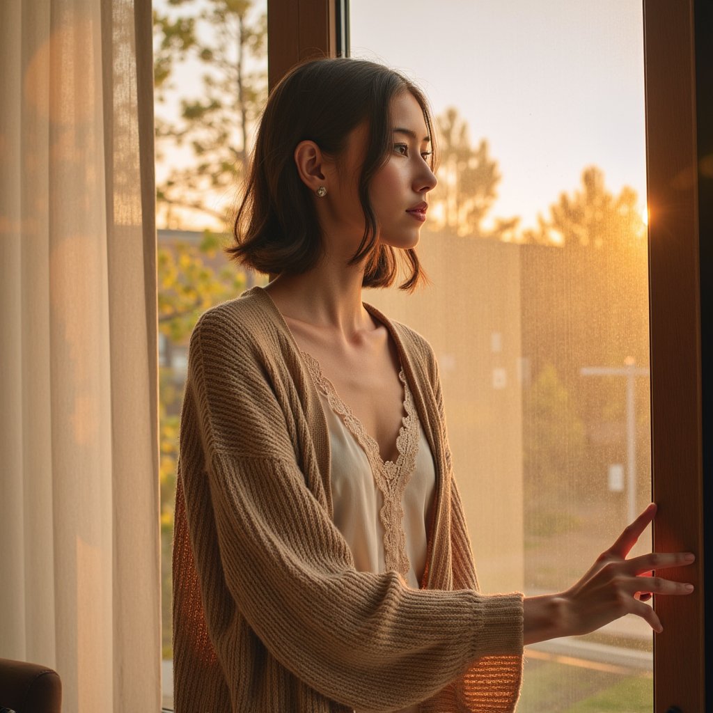 Highly realistic, highly detailed, hyperrealistic HDR portrait of a woman (female, ~32 yrs) standing waist-up beside a tall window as afternoon sunlight streams through sheer curtains. She wears a soft camel-colored knit cardigan layered over an ivory blouse with delicate lace detailing at the neckline. Hair shoulder-length, auburn with subtle waves, tucked behind one ear. Camera positioned slightly from the side (~30° angle), focus on her profile as she gazes out the window thoughtfully. The golden light outlines her face and highlights stray hair strands. Background softly blurred — suggestion of autumn trees through the glass, faint wood trim. Visible fabric threads, soft facial texture, gentle highlights on cheekbones. Warm, reflective Thanksgiving tone. HDR, high resolution, high quality, highly detailed, photorealistic.