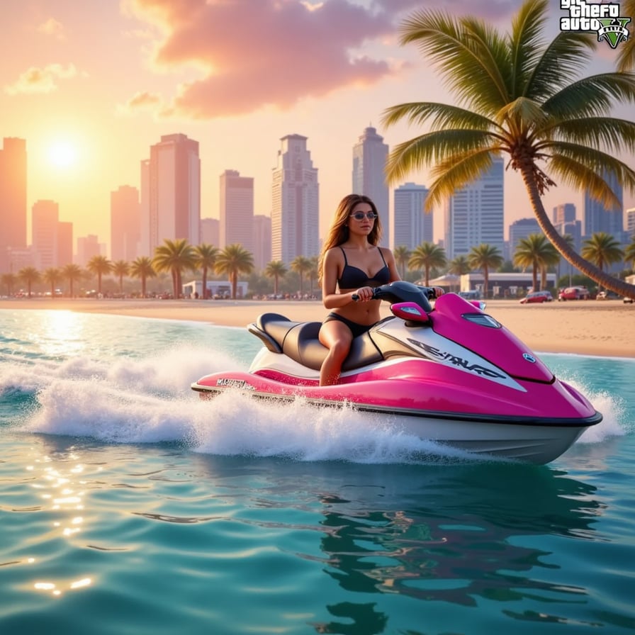 A serene GTA VI-inspired scene at sunset, with a character overlooking the Vice City skyline. The sky blends golden yellow into soft pink and lavender hues, casting long shadows across pastel-colored buildings and palm trees. The environment glows with nostalgic warmth, capturing that signature Rockstar golden-hour magic.