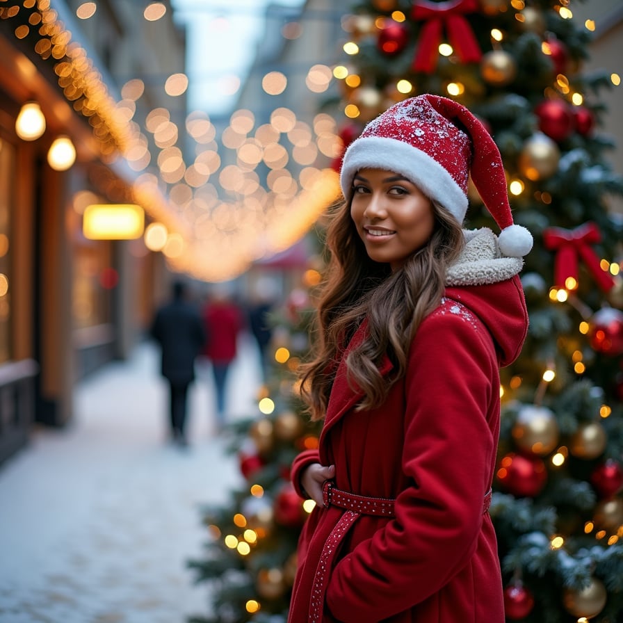woman wrapped in a warm, festive coat and boots, walking down a snow-covered street lined with twinkling Christmas lights and decorated storefronts, under a soft, golden evening glow, facing camera with a bright, cheerful smile.