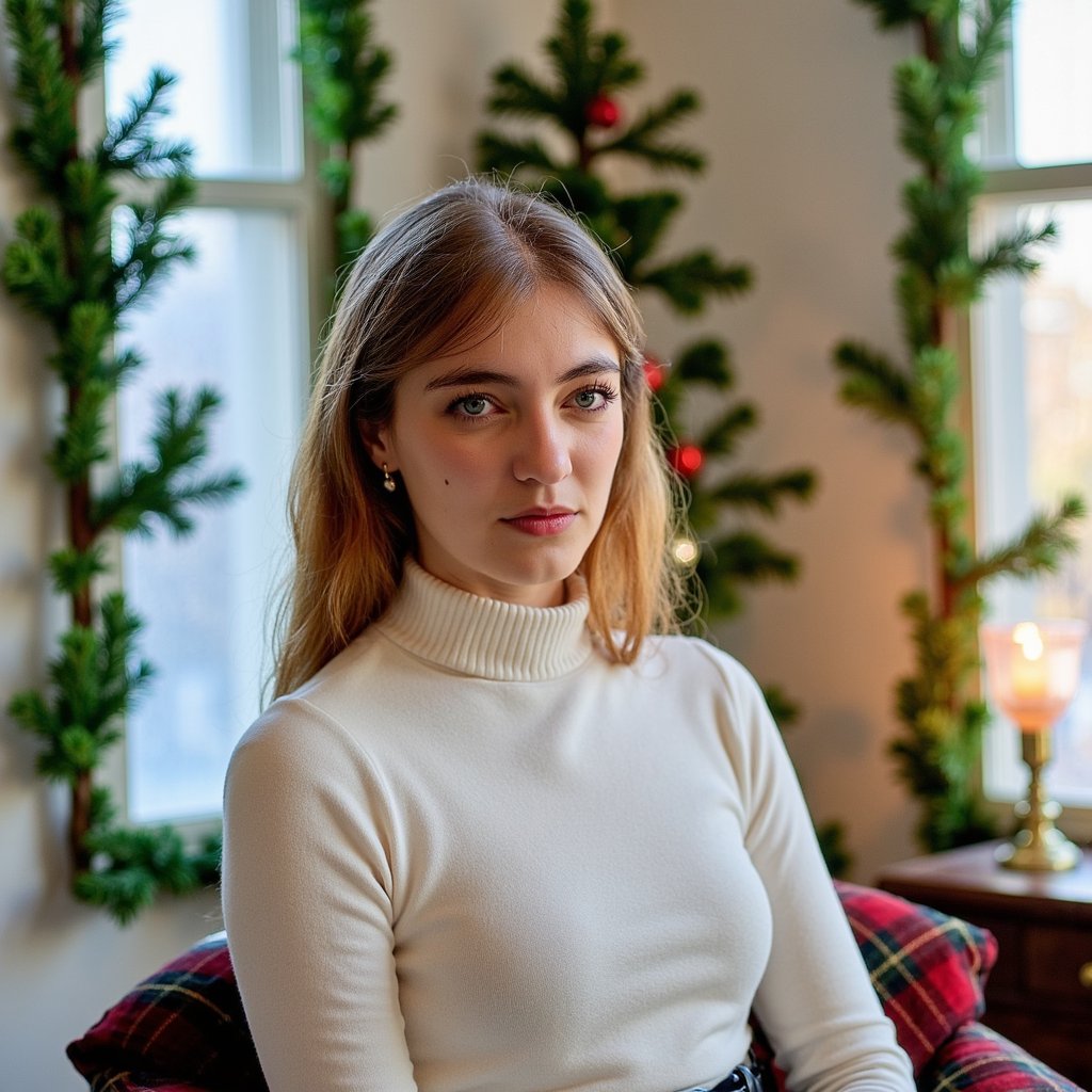 A woman seated beside tall frosted glass windows framed by ivy garlands, bathed in gentle winter sunlight. Hairstyle: loose, natural waves tucked behind ears. Attire: cream cashmere sweater with a ribbed high collar; gold hoop earrings. Fabric details: cashmere fuzz detail, rib texture, subtle weave. Camera: eye-level, 85mm, f/1.8. Lighting: soft morning light key with faint back rim from window glow. Background: blurred greenery and pale sky through glass; minimal clutter, calm and airy. Pose: gazing down slightly, serene expression, hands out of frame.
Render: highly detailed, highly realistic, HDR; delicate hair flyaways, natural skin tone, tactile knit detail.