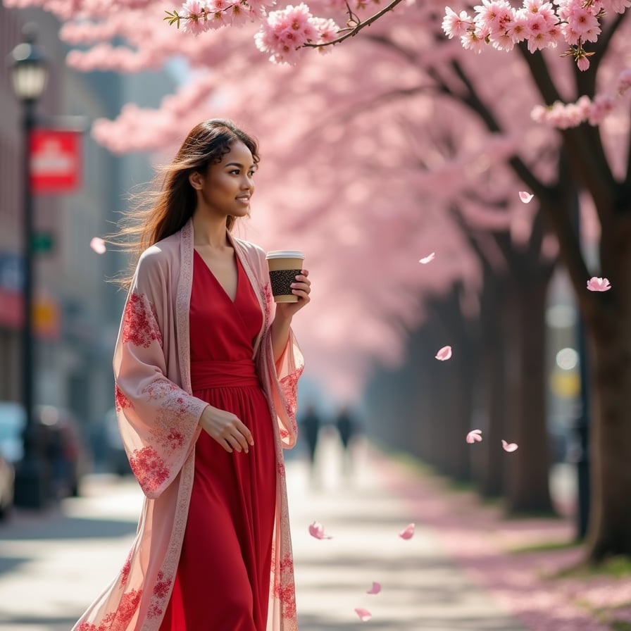 A fashionable woman in a sleek red dress walks down a quiet street lined with cherry blossom trees. The petals drift through the air as she sips her coffee, lost in thought, with a soft cityscape in the background